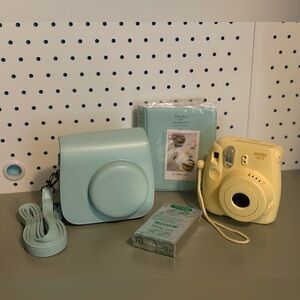 Fujifilm Instax Mini 8 in Yellow Polaroid Camera with Light Blue Case